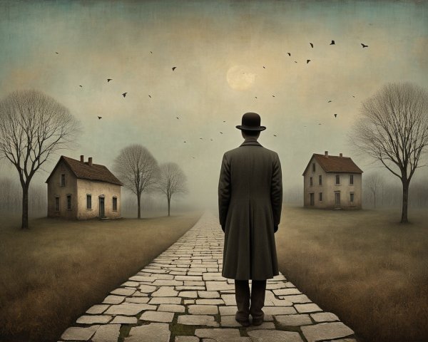Solitary Figure on Misty Cobblestone Pathway