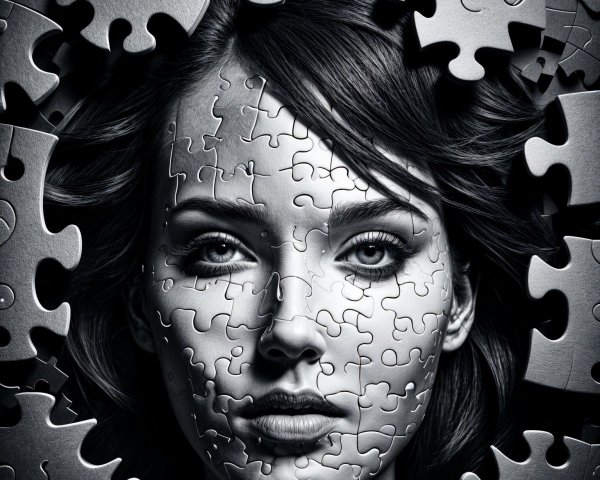 Monochromatic Image of Woman's Face in Puzzle Pieces