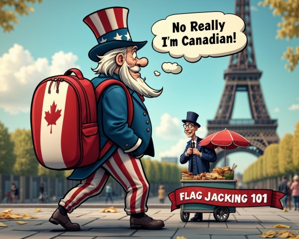 Patriotic Character with Canadian Flag by Eiffel Tower