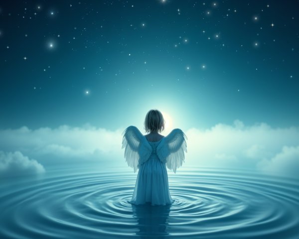 Child with Angel Wings in Calm Waters at Night