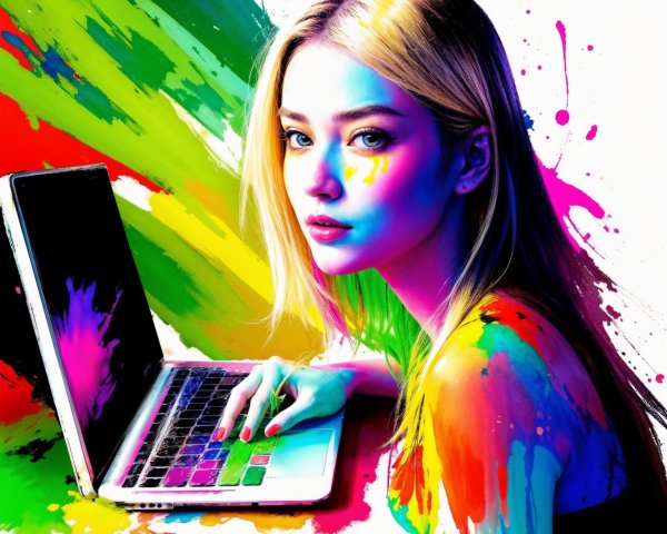 Young woman with colorful paint and laptop setup