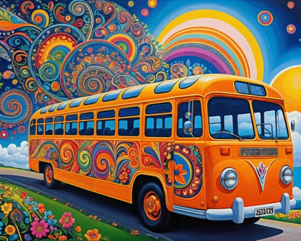Vibrant Orange Bus in Kaleidoscopic Landscape Art