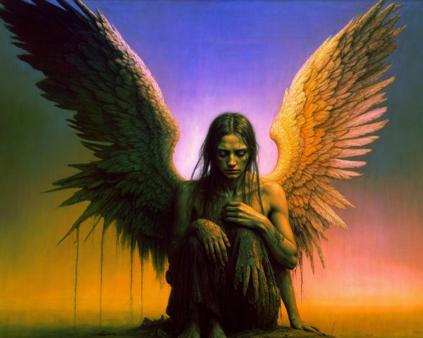 Somber Figure with Intricate Wings in Contemplation