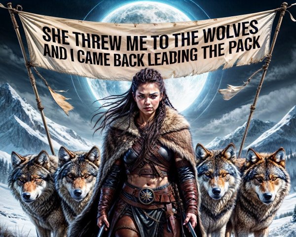 Warrior with Wolves in Icy Landscape Under Moonlight