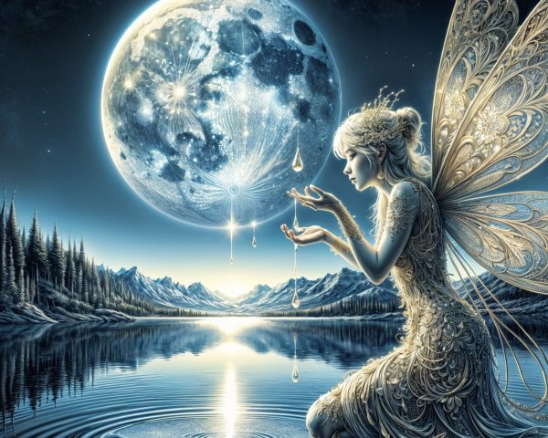 Fairy by Tranquil Lake Under Full Moonlight