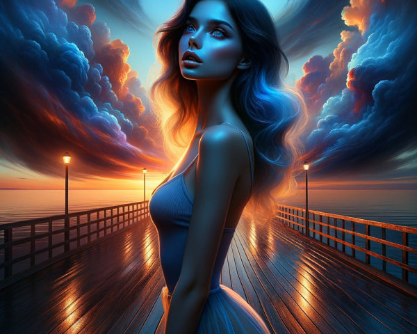 Woman on Pier at Sunset with Dramatic Clouds