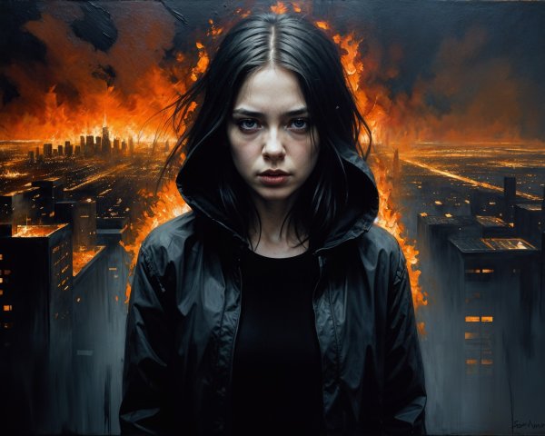 Young Woman in Black Jacket Against Fiery Urban Skyline