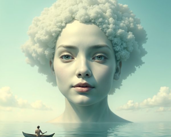 Surreal Scene of Giant Female Face in Calm Waters