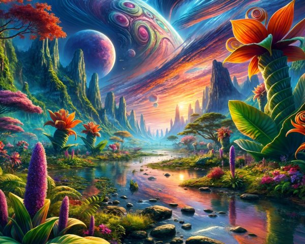Vibrant Alien Landscape with Cliffs and Colorful Flora