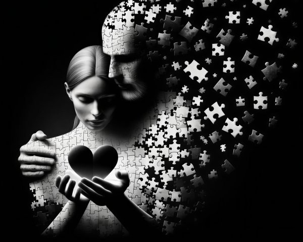 Black and white digital painting of figures as puzzle pieces
