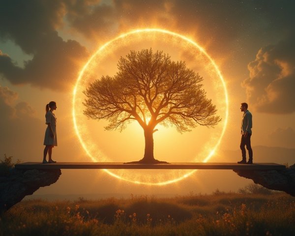Surreal Landscape with Tree and Sunset Bridge Scene