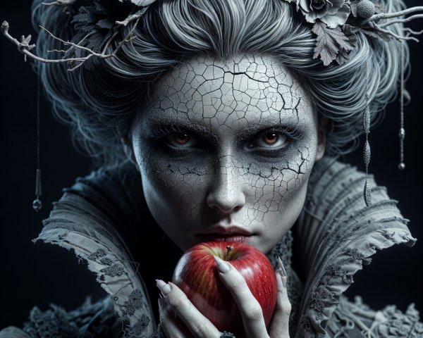 Haunting Figure with Porcelain Skin and Red Apple