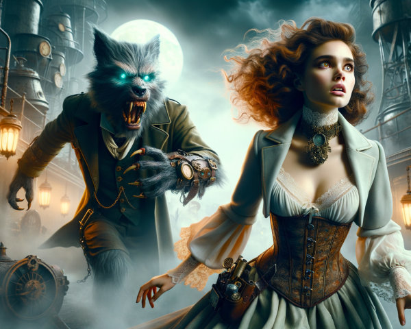 Steampunk Scene with Woman and Menacing Creature