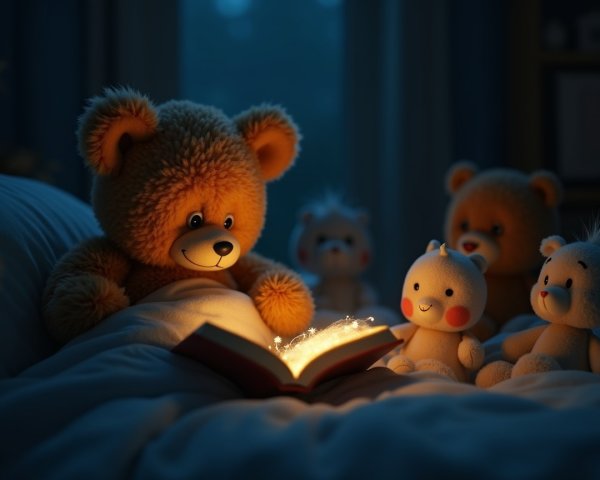 Teddy Bear Reading in a Cozy, Dimly Lit Room