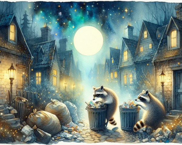 Raccoons Exploring a Moonlit Village at Night