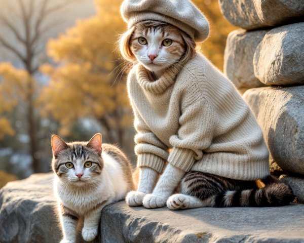 Cats on a Stone Ledge Amidst Autumn Foliage
