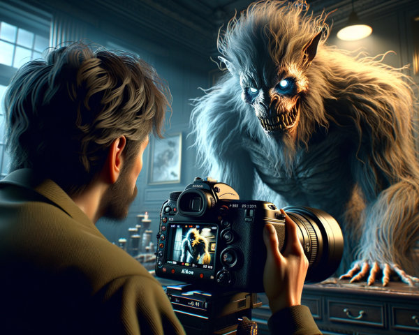 Eerie Creature with Glowing Eyes in Dimly Lit Room