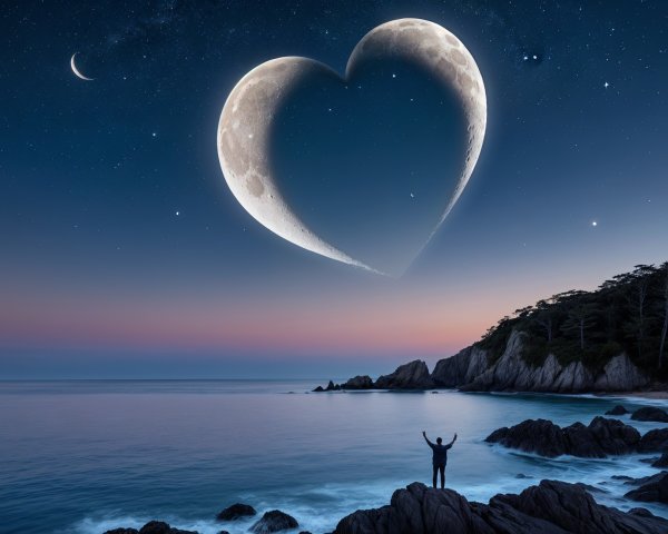 Twilight Coastal Scene with Crescent Moons and Stars