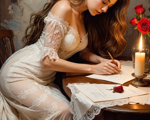 Woman in Lace Wedding Gown Writing at Rustic Table