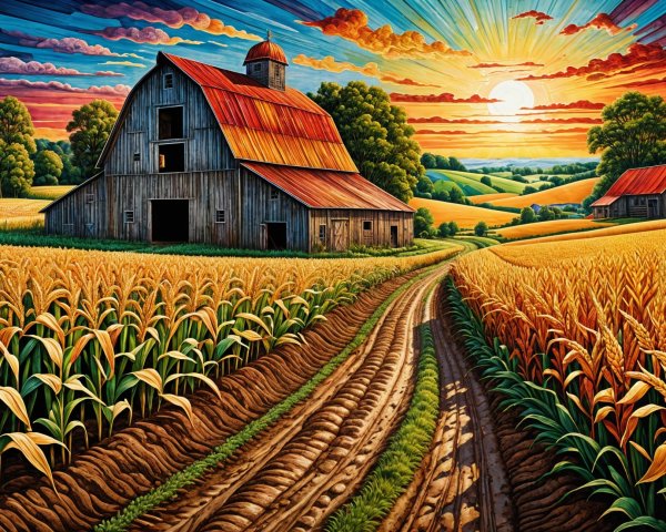 Vibrant Sunset Over Picturesque Farm Landscape