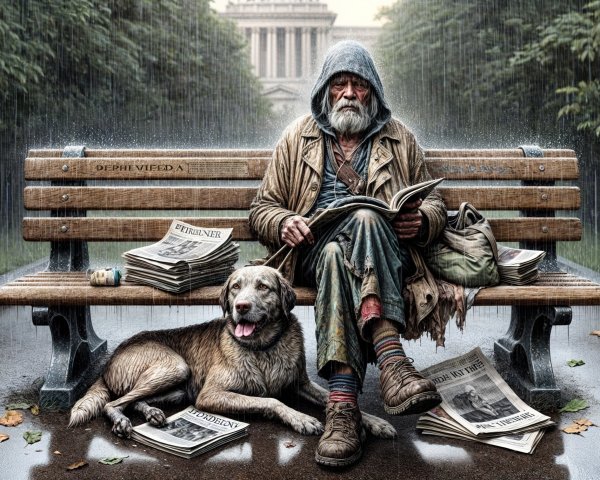 Elderly Man and Dog in Rainy Park Scene