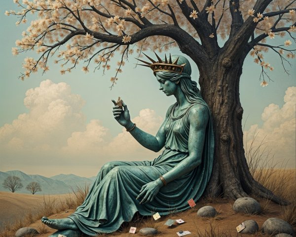 Bronze Goddess Statue Under Blossoming Tree Scene