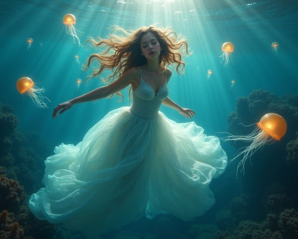 Underwater Scene with Woman and Vibrant Jellyfish