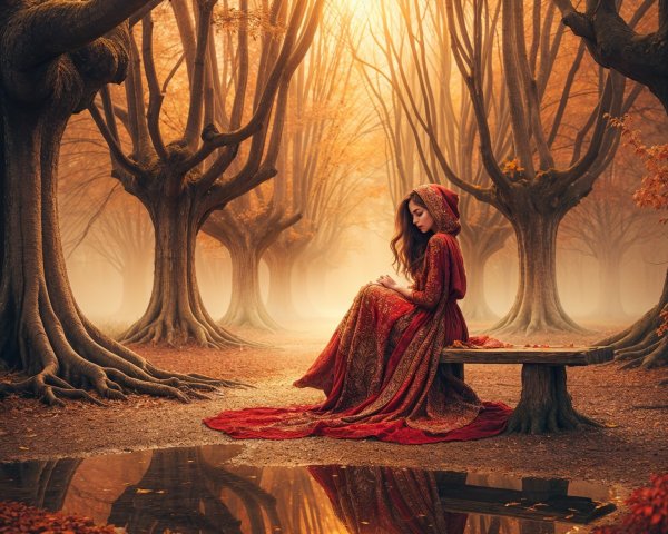 Woman in Red Robe in Serene Autumn Forest Setting
