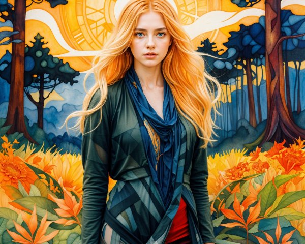 Young Woman in Colorful Landscape with Flowing Hair