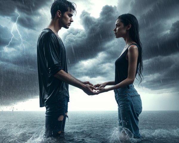Couple in Stormy Sea with Intense Expressions