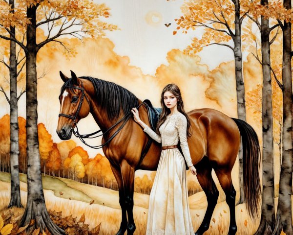 Autumn Landscape with Woman and Brown Horse
