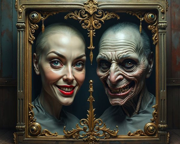 Surreal Portrait of Contrasting Faces in Vintage Frame