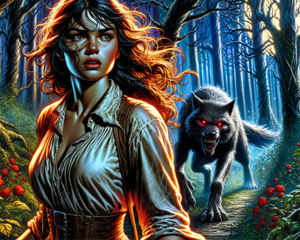 Young woman in enchanted forest with menacing wolf