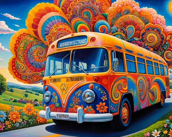 Vintage bus in a colorful landscape with flowers