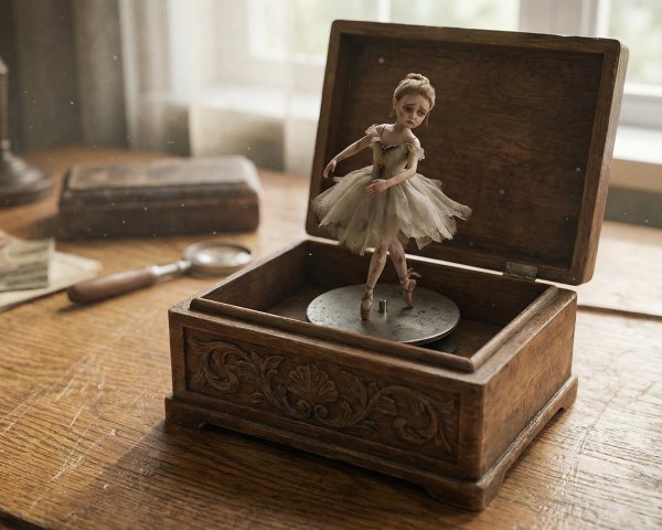 Close-up of Antique Music Box with Ballerina and Books