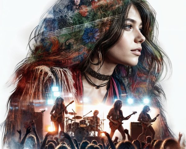 Vibrant Double Exposure of Woman and Rock Band Scene
