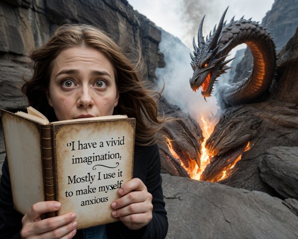 Dramatic Scene of Woman, Dragon, and Ancient Book