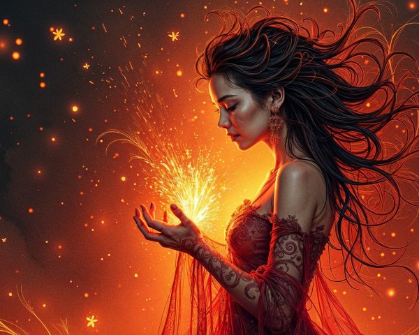 Mystical Woman in Red Gown Surrounded by Light