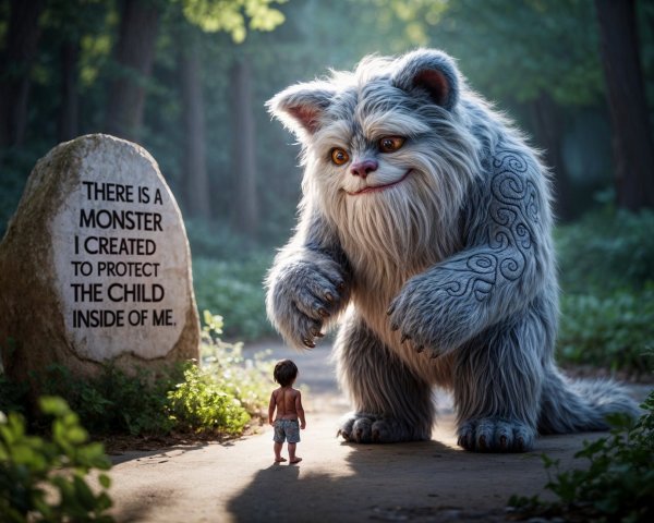 Furry Monster Protects Child in Serene Forest Scene