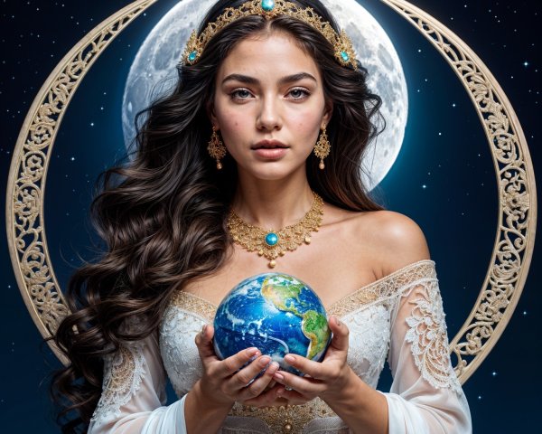 Elegant Woman with Earth and Mystical Moon Background
