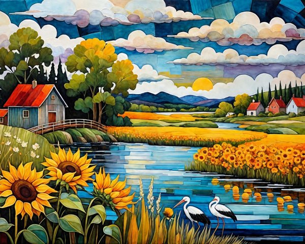 Vibrant Landscape with House, River, and Sunflowers