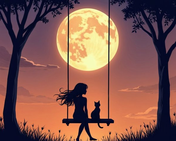 Silhouette of a girl and cat under a full moon