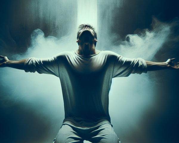 Kneeling Figure in Ethereal Light and Swirling Mist