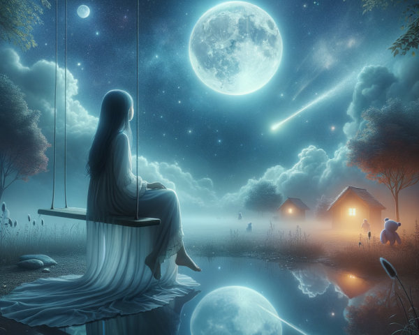 Ethereal Landscape with Girl on Swing Above Lake