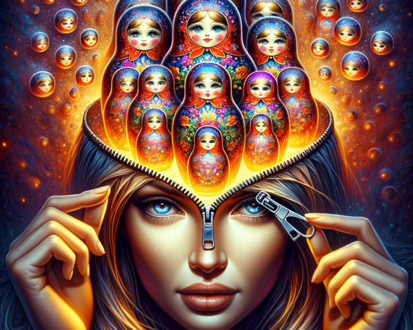 Surreal Woman's Head with Zipper and Matryoshka Dolls