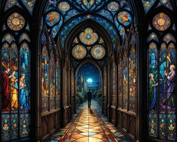 Gothic Hallway with Stained Glass and Moonlit View