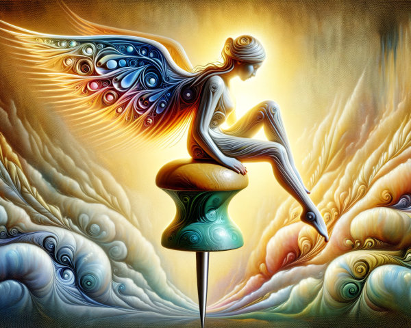 Surreal Scene of Winged Figure on Colorful Pushpin