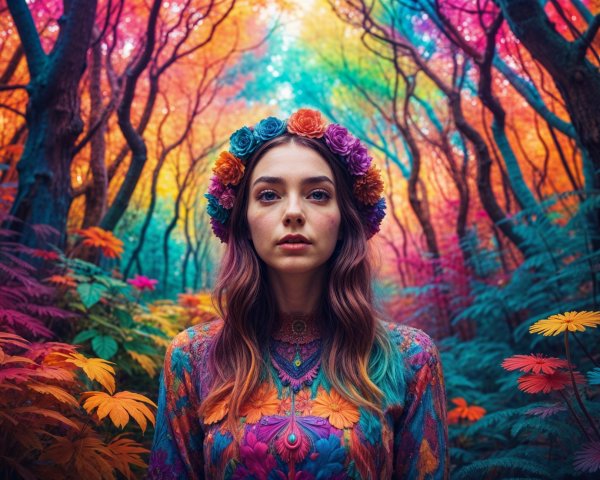 Vibrant Forest Scene with Woman in Colorful Attire