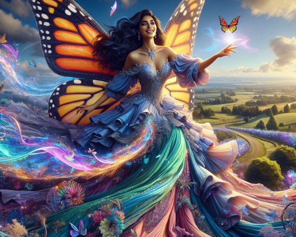 Woman in flowing gown with butterfly motifs in landscape