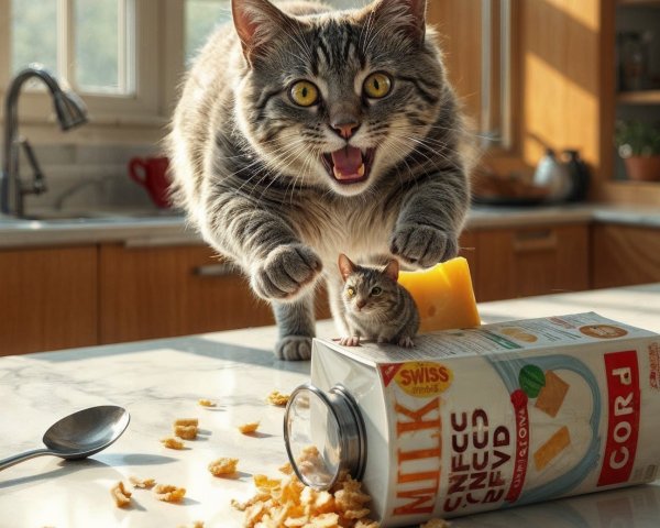 Tabby Cat with Cheese and Mouse in Cozy Kitchen